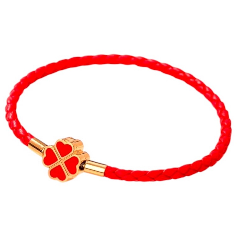 Genuine Woven Leather Stainless Steel 4 Leaf Clover Charm Bracelet